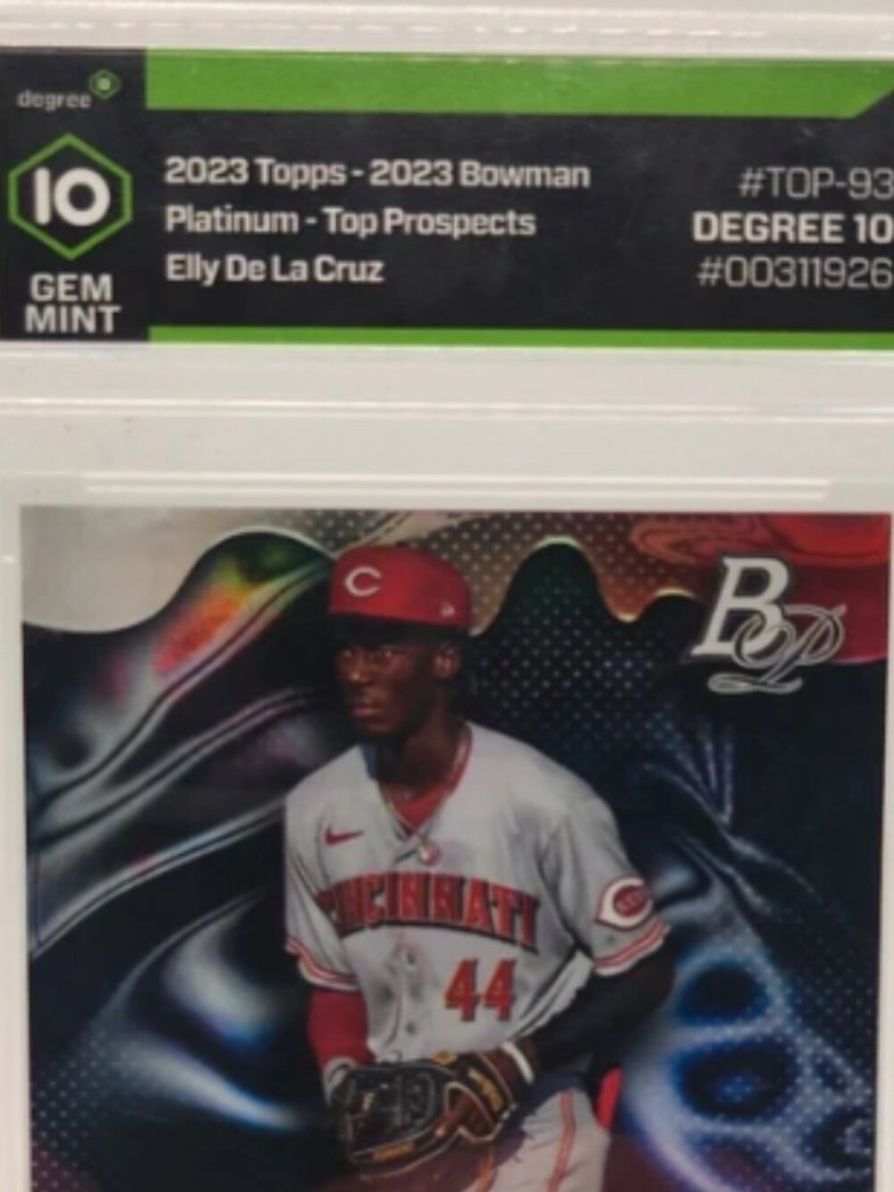 2023 Topps Bowman Platinum Top Prospects Elly de la Cruz in a Gem Mint 10 slab.
